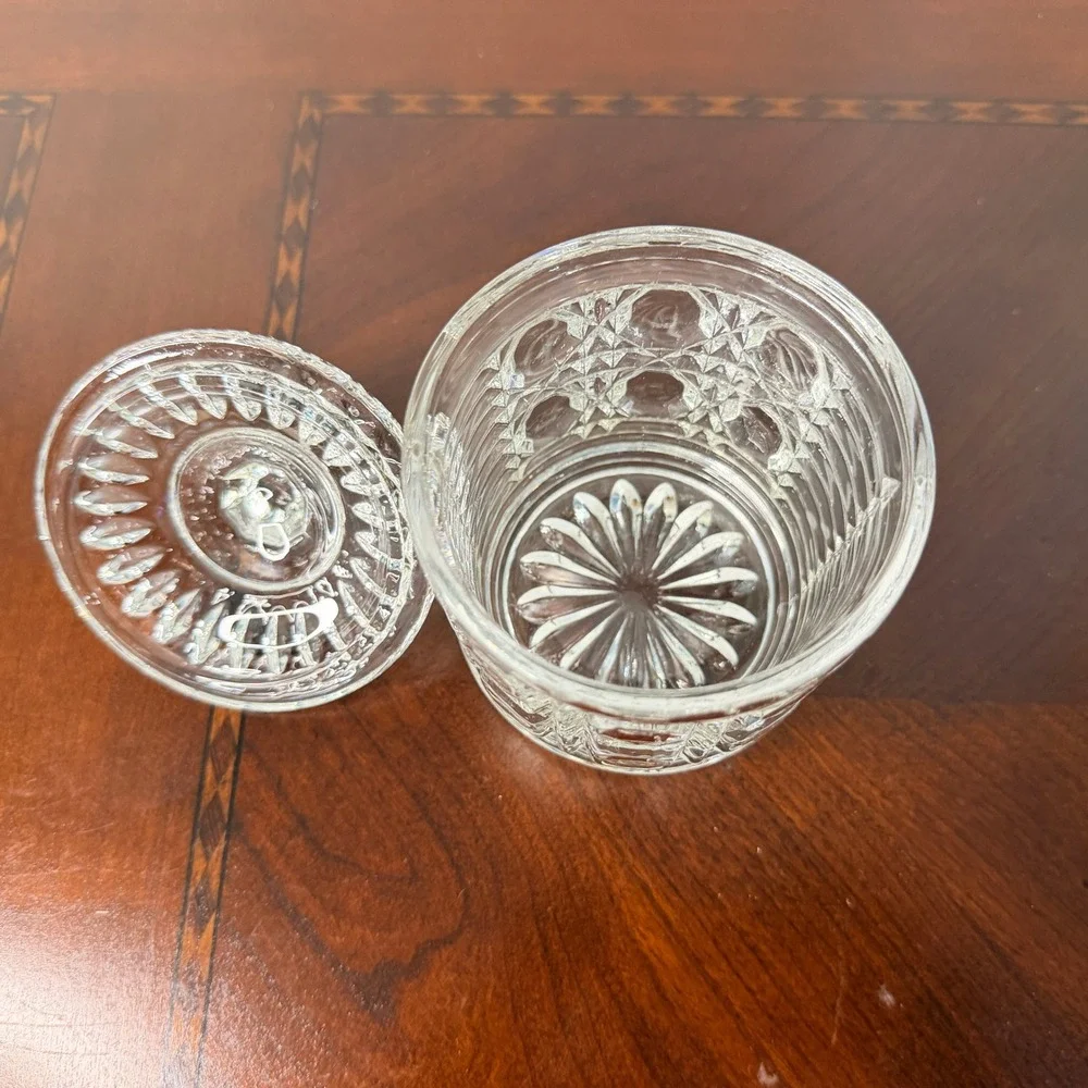 Vintage Federal Windsor Glass Sugar Jam‎ Jar Lid Vanity Button and Cain Pattern